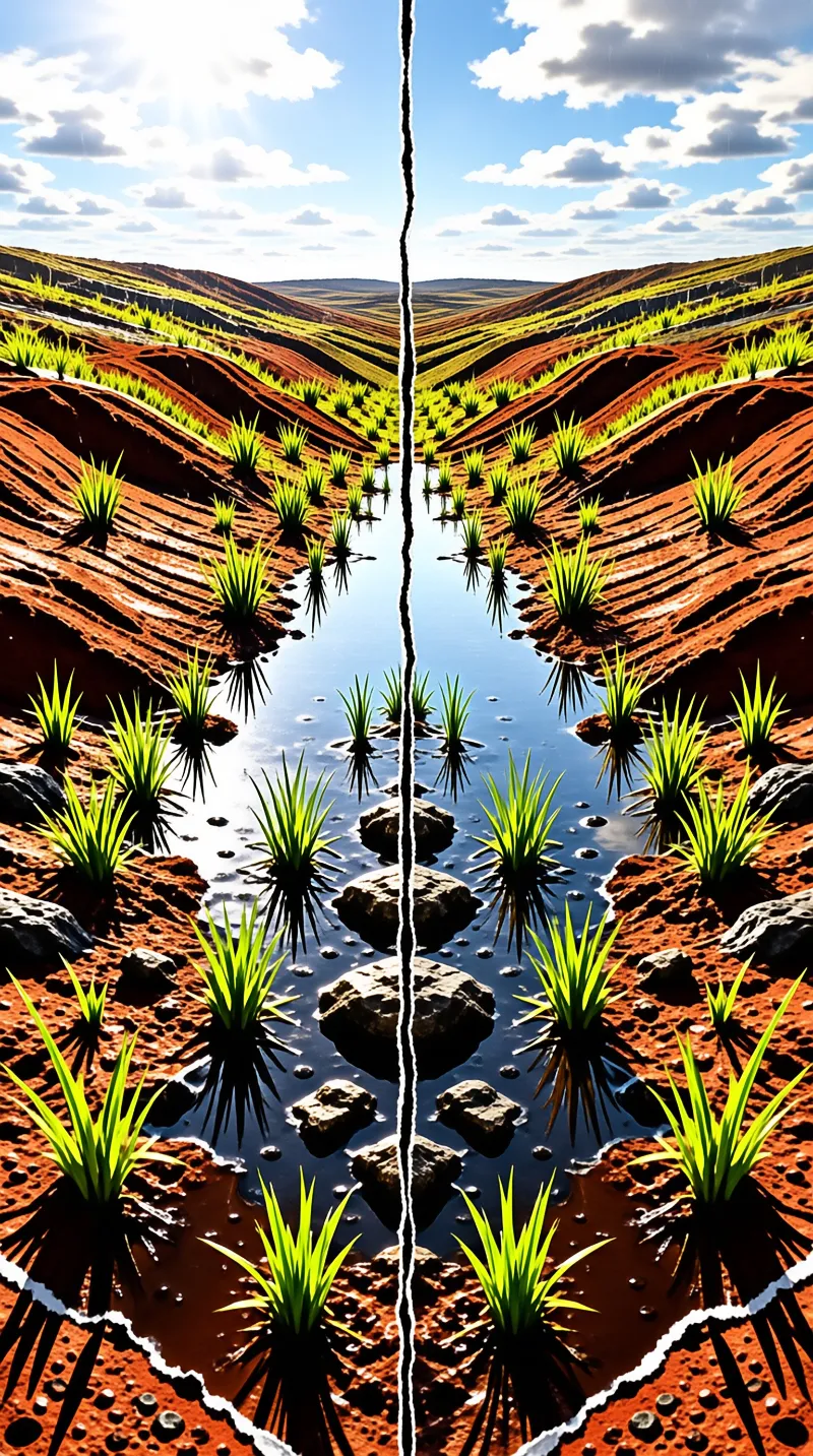 A cracked landscape revealing red soil terraces and green crop shoots mirrored in shallow water beneath a partly cloudy sky