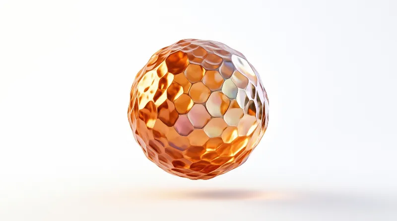 A spherical object with copper colored honeycomb texture hovers in a bright white space casting a soft shadow beneath.
