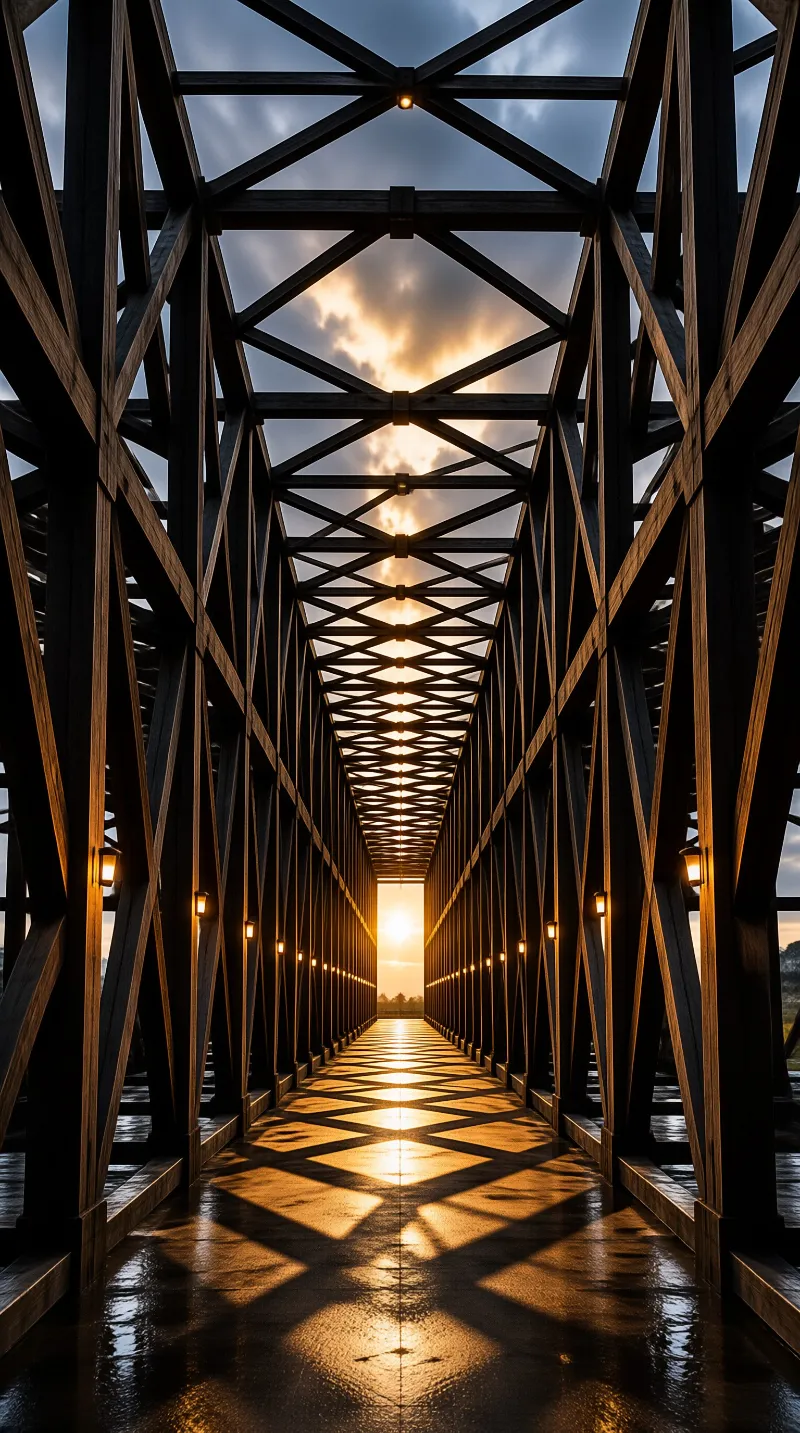 A wooden truss frames the sun rising over the horizon while warm lamps glow along the damp floor casting shadows.