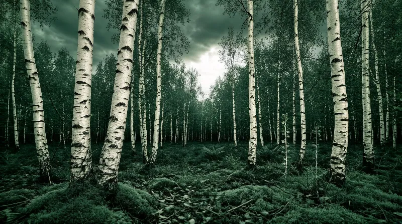 A dense forest of birch trees with white trunks and green foliage, set under a dark overcast sky with moss and ferns covering the ground