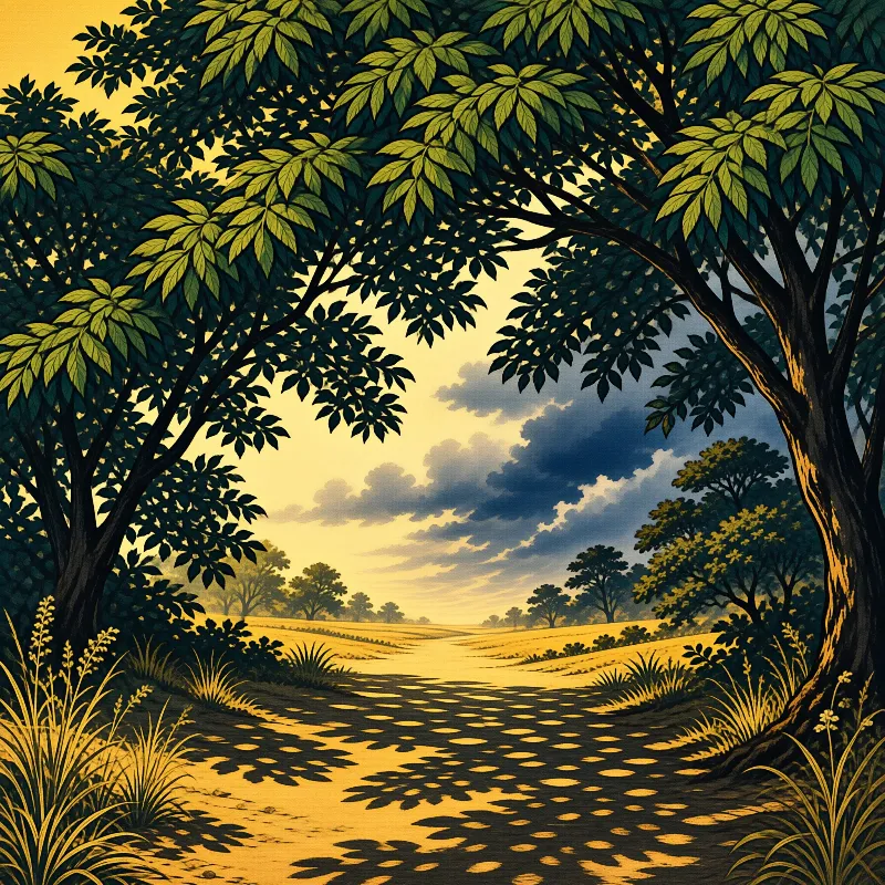 Dirt path meandering through forest with golden light casting dappled shadows on the ground.