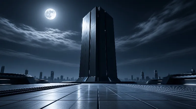 A tall dark monolith tower stands on a reflective plaza beneath a full moon and streaked night clouds over a distant skyline.