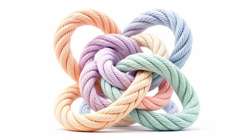 Thick twisted fibers in peach, blue, purple, and mint form a complex knot structure against a clean white backdrop.