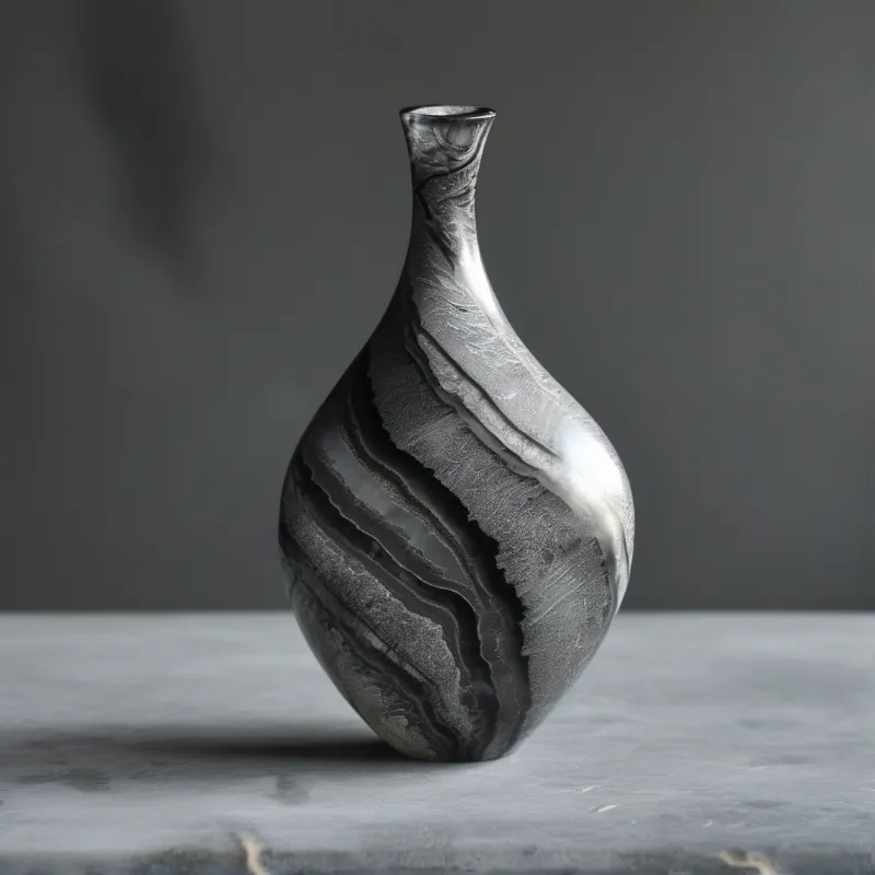 A dark, glossy vase featuring rough silver and black striations rests on a flat grey surface under diffuse studio lighting.