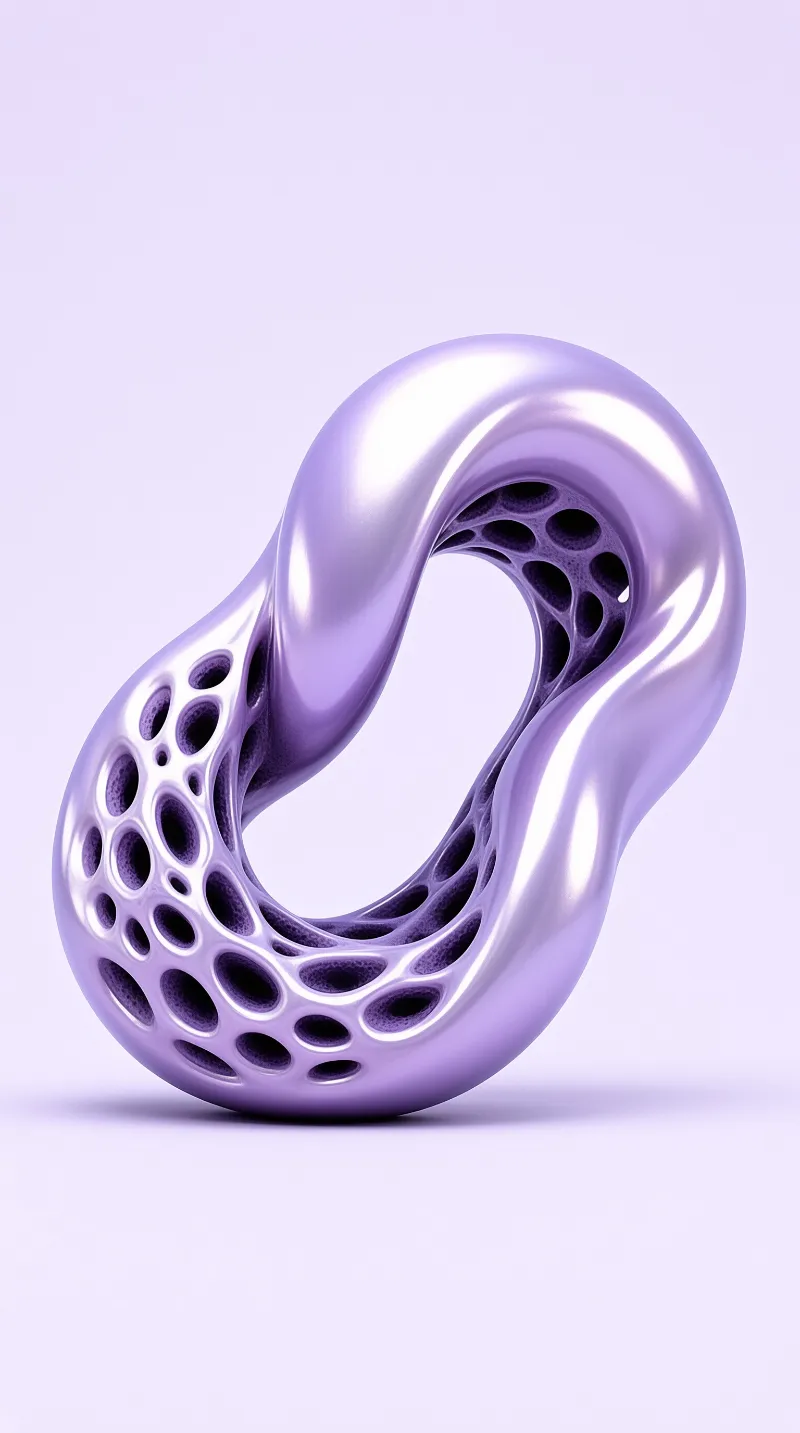 A twisted purple loop with porous honeycomb interior is displayed under soft studio light, showcasing a glossy metallic surface.