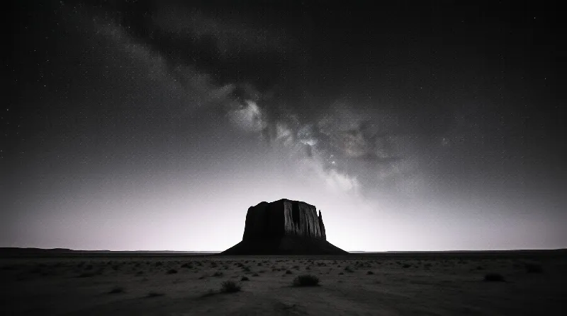 A solitary mesa rises from the desert plain beneath a vast starry sky filled with the Milky Way.