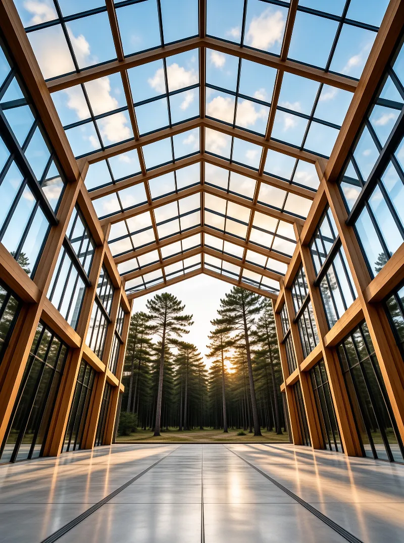 View from inside a modern glass and wood structure looking out at a forest illuminated by golden sunlight.