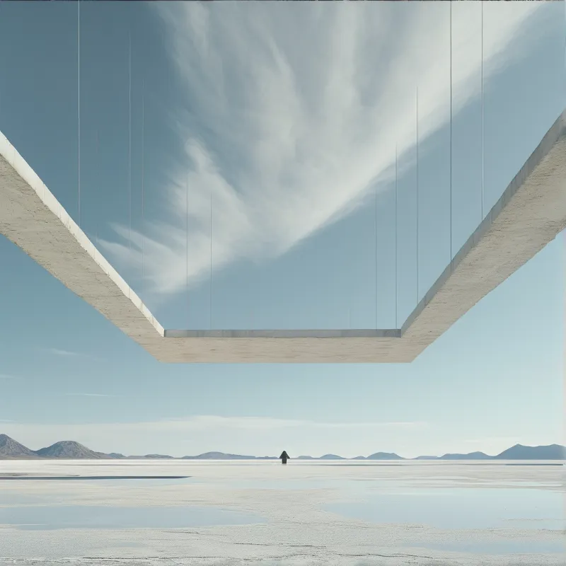 A hollow concrete rectangular frame hangs over pale salt flats, with wispy clouds in soft blue sky and a tiny dark marker on the flat horizon.