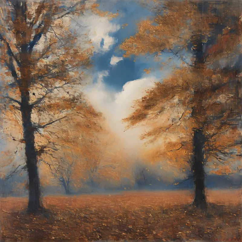 Oil painting of trees with orange foliage standing in a misty field beneath a blue sky with white clouds.
