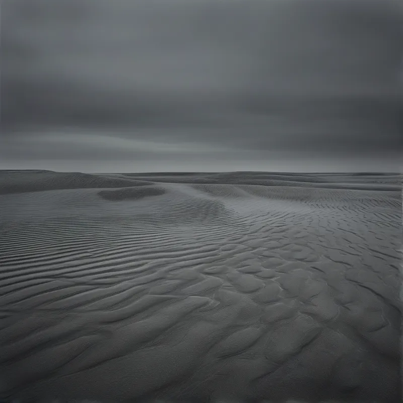 Vast monochrome desert landscape with wind carved ripples under a gloomy grey sky
