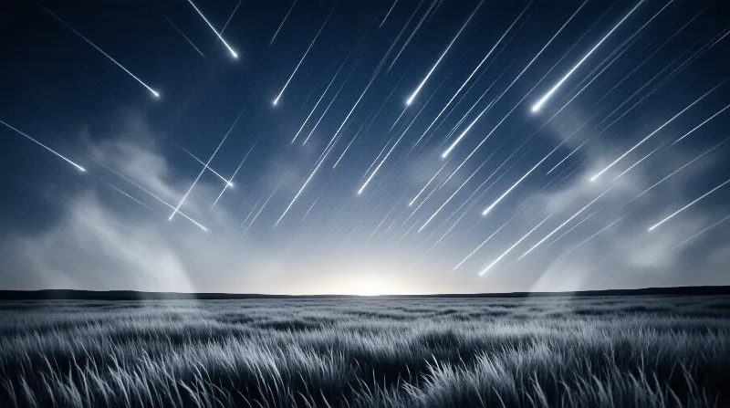 Long white streaks of moving stars slant across a deep blue night sky above a low horizon of wind-combed prairie grass.