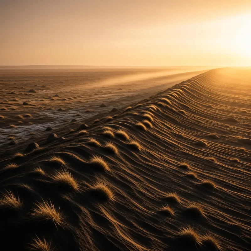 Rippled sand along a dune crest is dotted with tufts of dry grass as wind lifts glowing dust in the sunset light