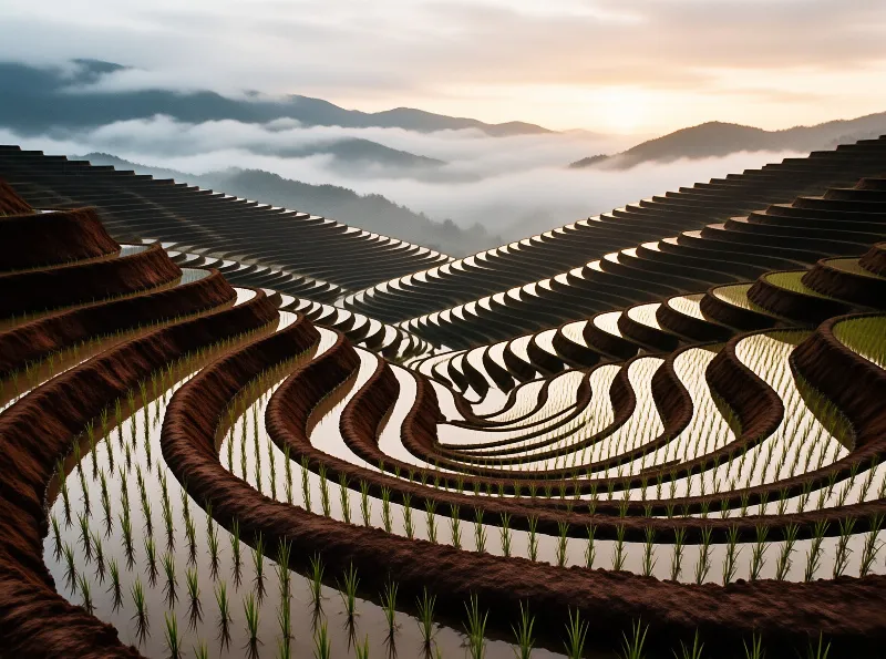 Layered rice paddies filled with water reflect the sky as fog blankets the distant mountain ridges.