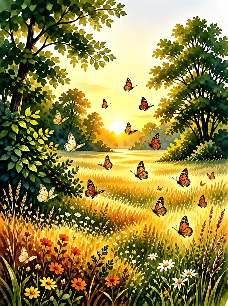 Orange butterflies flutter above a sunlit meadow of wildflowers framed by trees at sunset.