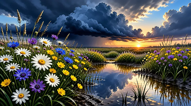 A field of white daisies, blue and yellow flowers borders a calm stream reflecting dark storm clouds and a golden sunset