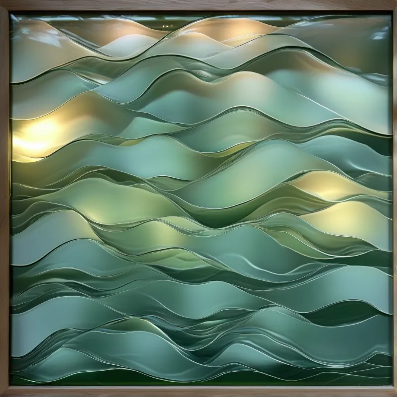 A framed artwork of layered translucent wavy green glass lit by soft warm yellow highlights across the curves.