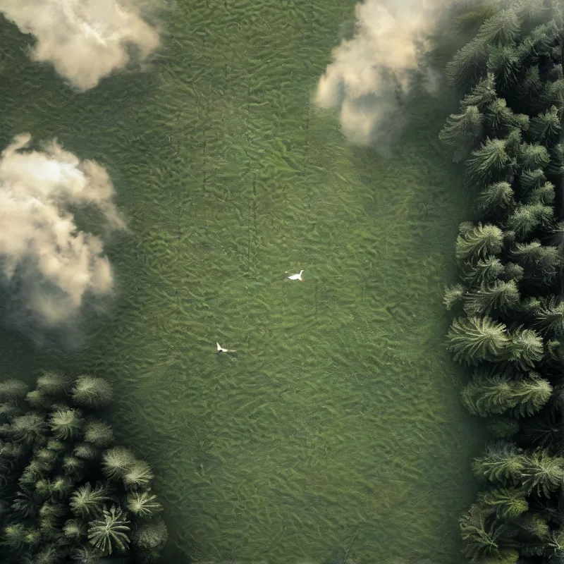 An aerial view of two white egrets drifting across a still emerald lake fringed by dark conifer forest.