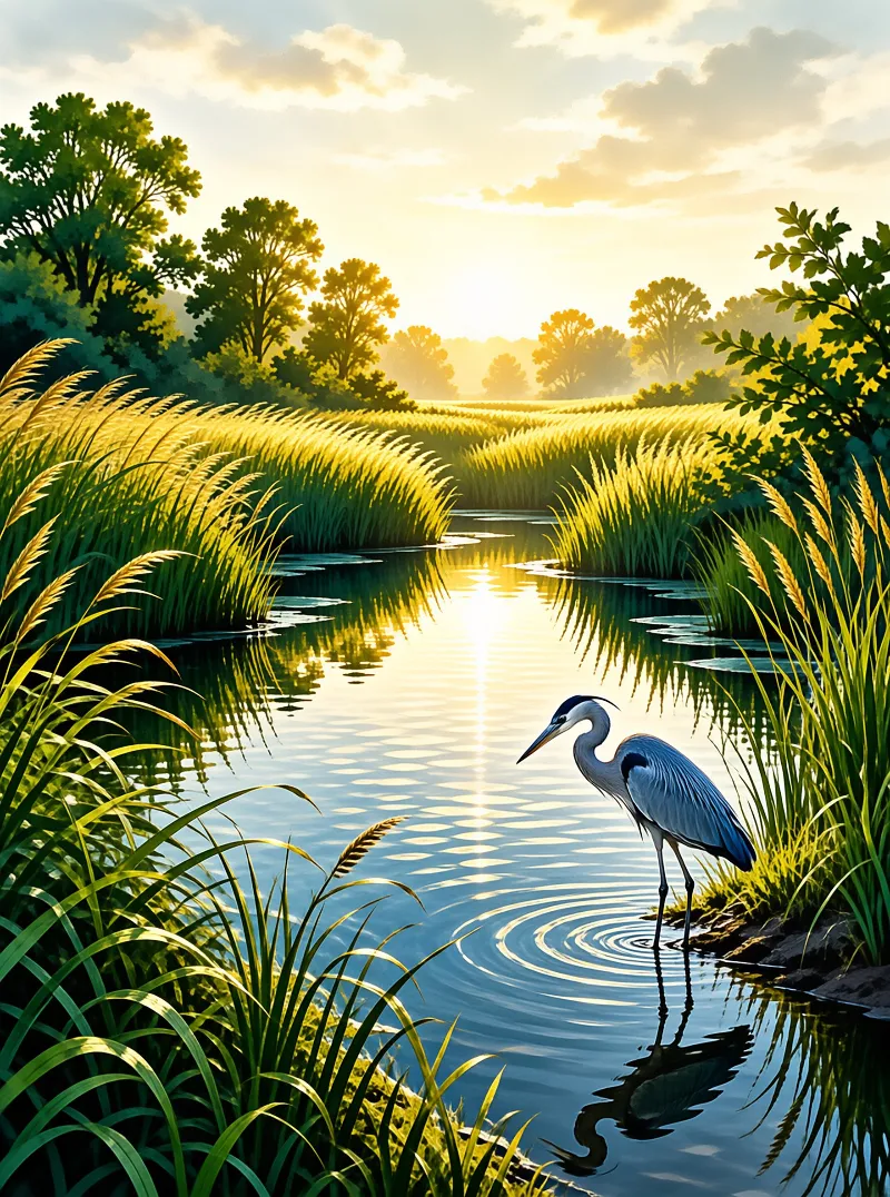 A grey heron wades at the edge of a still marsh, its reflection rippling while morning light sets the tall reeds alight.