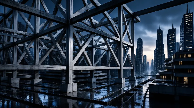An angular steel lattice structure stands over a wet reflective plaza as glowing skyscrapers fade into a blue dusk.