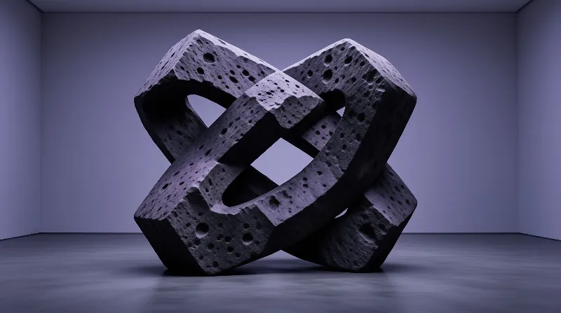 Two interlocking porous stone frames rest in a dim purple room with smooth walls.