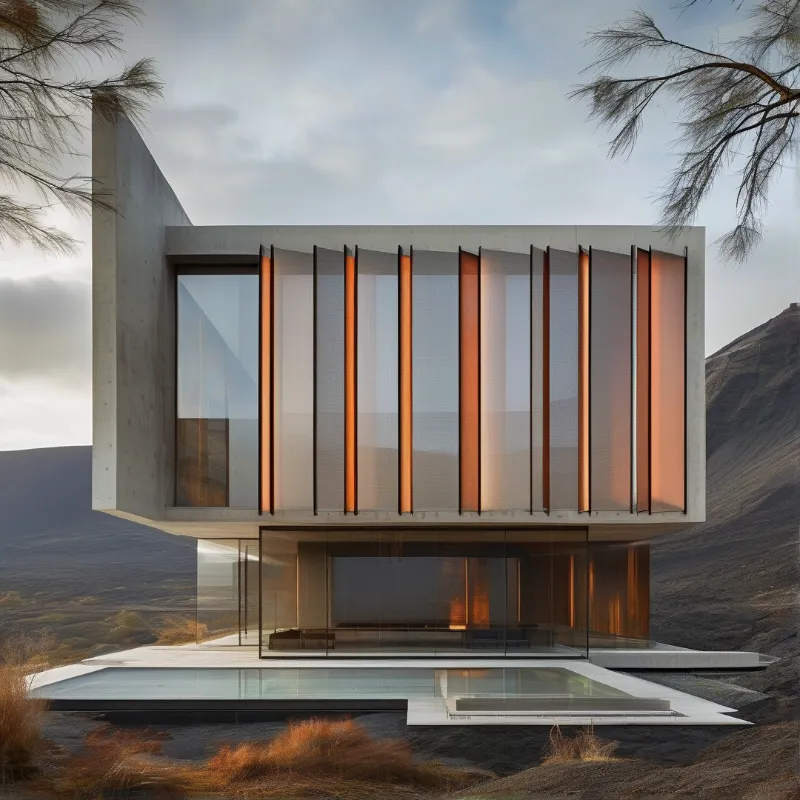 A floating concrete house sits on rocky ground with vertical orange lights shining behind mesh panels.