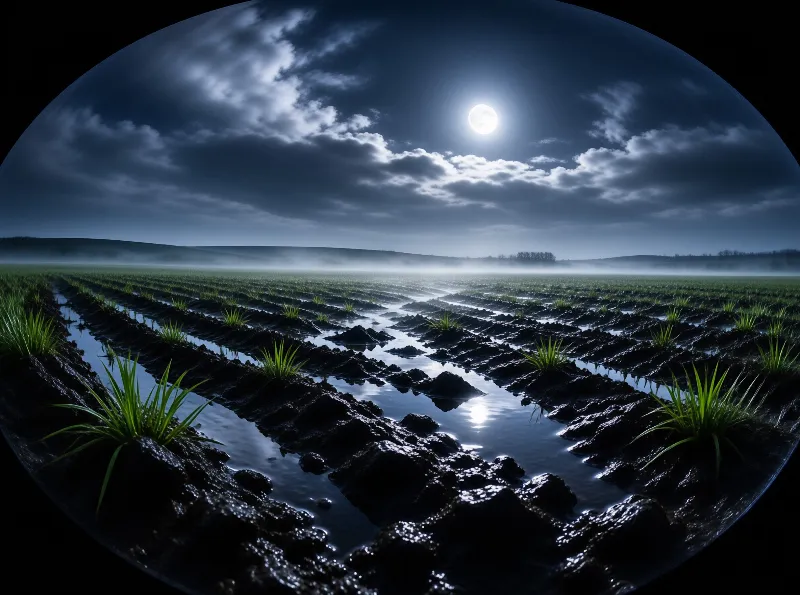 Flooded rice field with green seedlings stretches to low misty hills, reflecting a bright full moon in a dark blue clouded night sky.