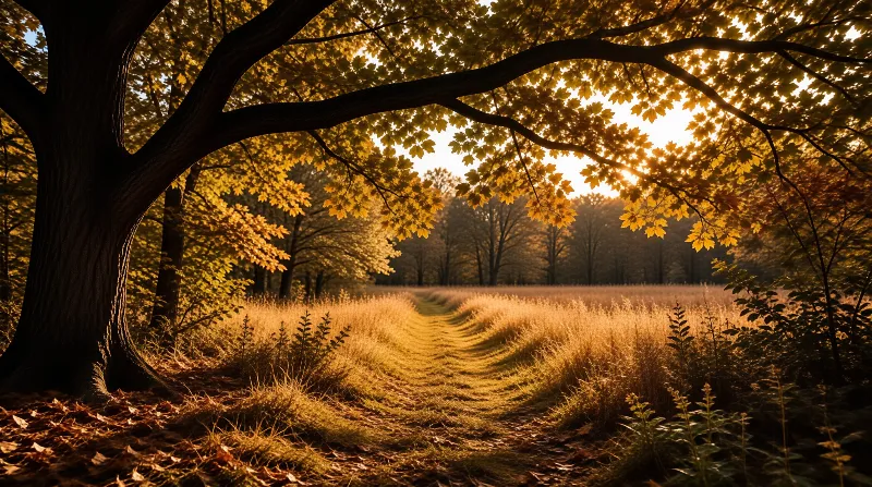 Branches with yellow leaves arch over a grassy path leading through a field of tall golden plants in warm sunlight.