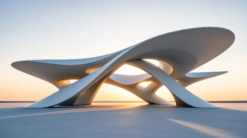 A large sculptural monument with smooth flowing curves stands on a vast flat expanse under a gradient sky transitioning from blue to orange as the sun sets behind the horizon casting warm light through its open framework.