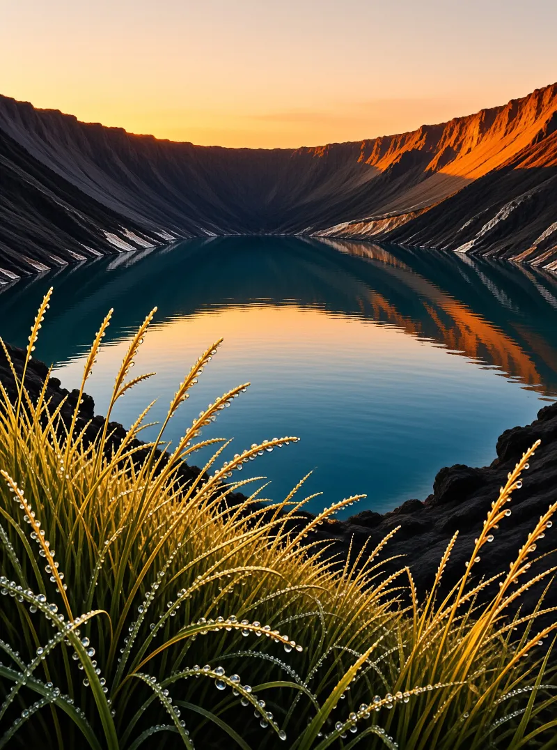 Dew-covered grass frames a calm crater lake reflecting the warm orange light hitting the steep rocky mountain walls at dawn.
