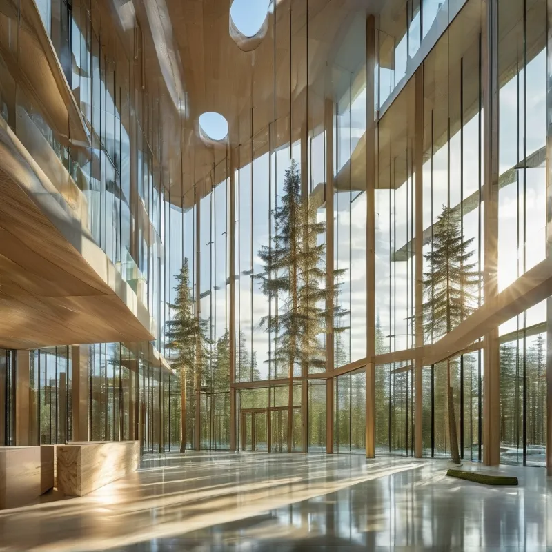 Curved wooden interior with expansive glass walls framing tall evergreen trees in bright natural daylight.