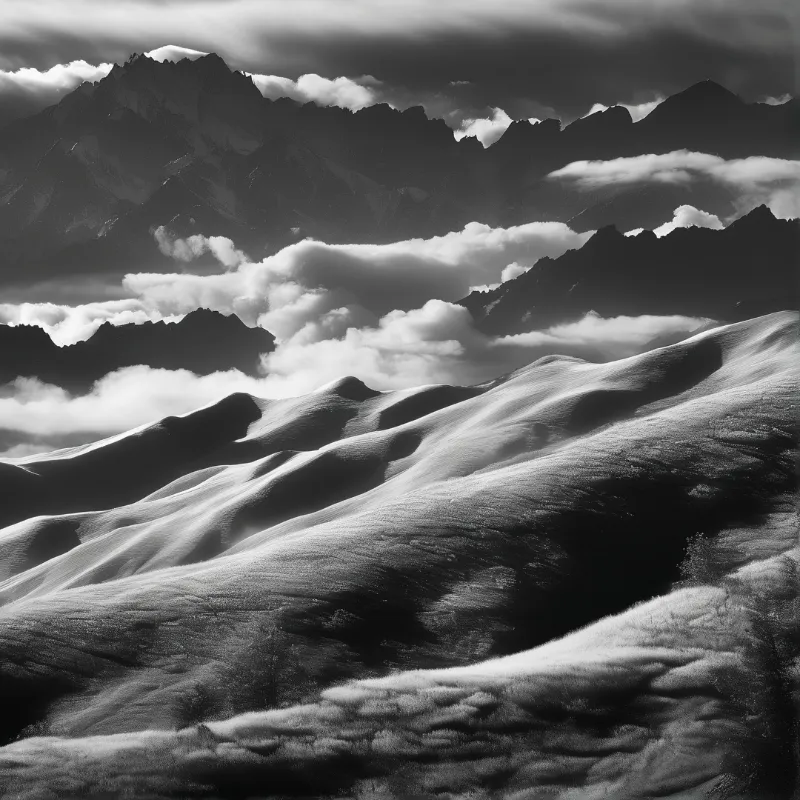 Layered ridges of wind shaped snow recede toward dark mountain silhouettes beneath drifting grey cloud.
