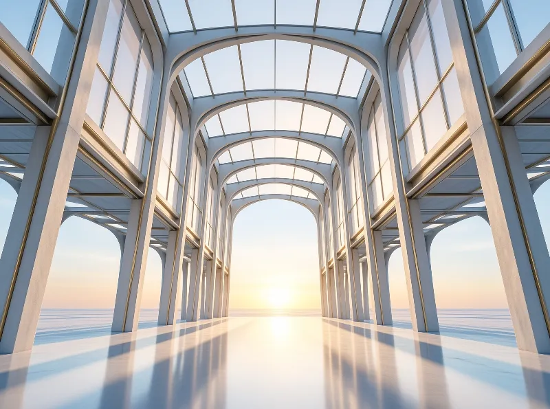 A long white architectural corridor features a series of repeating arched structures supporting a glass ceiling that looks up at a clear blue sky, and the polished floor reflects the structure's columns as bright sunlight streams in from the open end facing a calm ocean horizon.