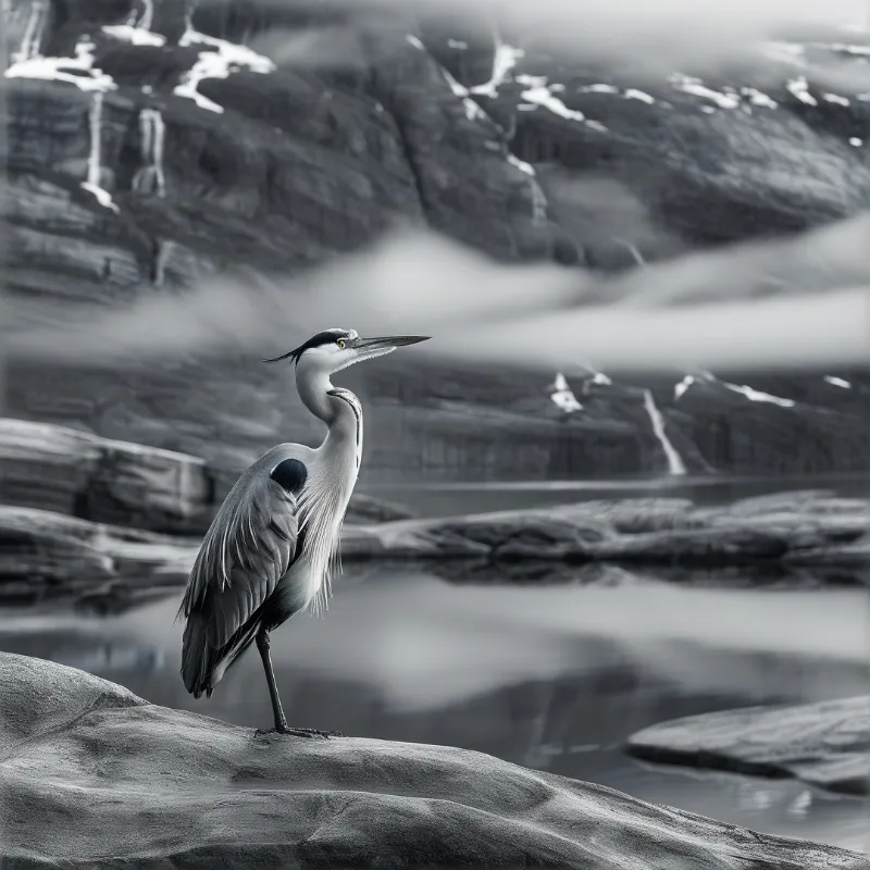 A slender heron balances on a smooth grey boulder while fog drifts across a calm alpine lake