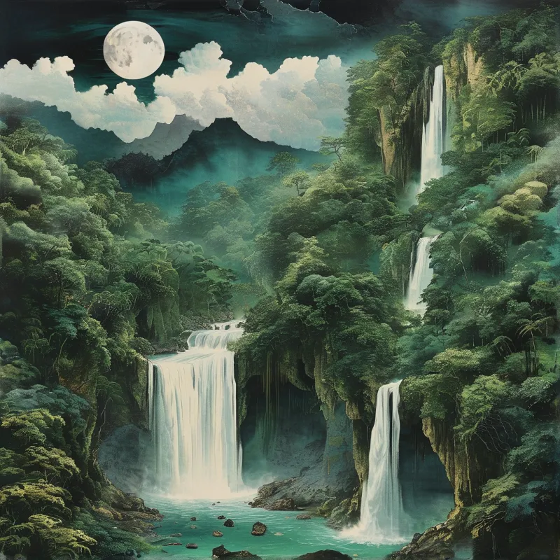 Waterfalls cascade down lush forested cliffs into a turquoise river beneath a full moon and cloudy night sky.