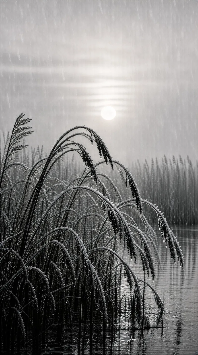 Reeds with dew drops stand in shallow water by a lake shore as rain falls and a diffused sun glows overhead.