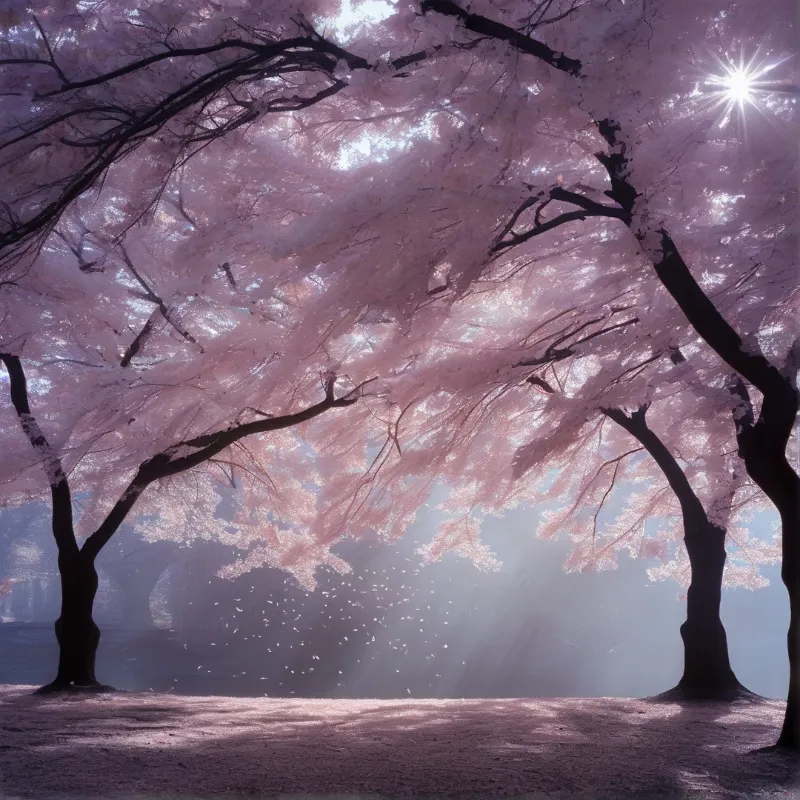 Pink cherry blossoms form a dense canopy above a petal-covered ground with a bright sun star and misty water behind.