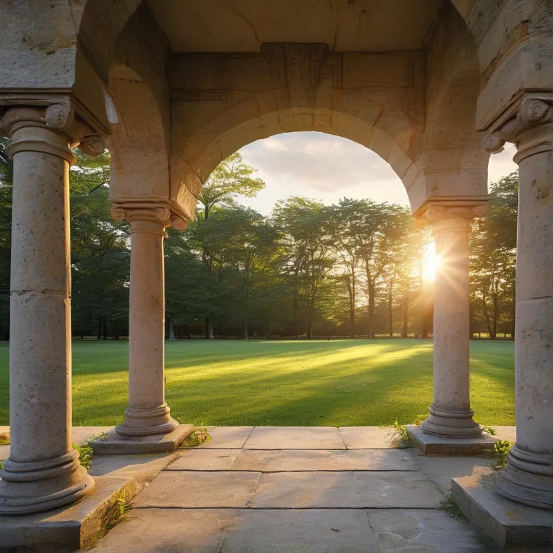 Stone portico arches frame a sunlit green park lawn with golden sunbeams stretching across the grass to a line of trees.