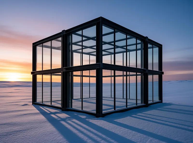 A transparent glass structure stands isolated on a vast snowy plain while the sun sets casting long shadows.