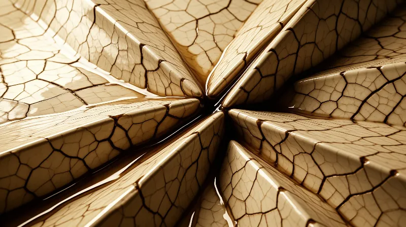 Wedge-shaped petals of cream porcelain radiate from a dark center, their surfaces traced with fine brown crazing