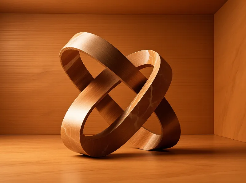 A polished wooden triquetra rests in a corner with warm orange tones.