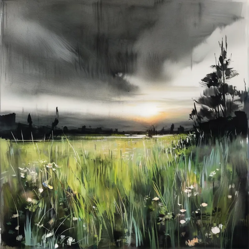 Loose brushwork meadow of tall green grass and small white blooms beneath heavy charcoal cloud and a sliver of sunset
