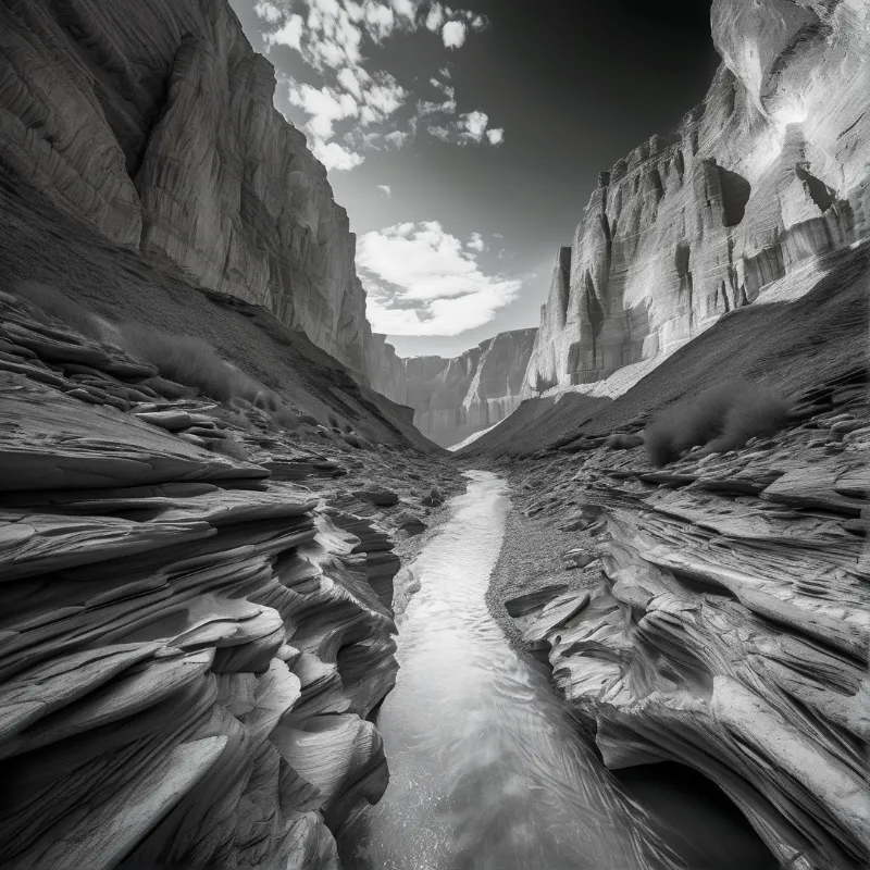 A black and white image shows a river winding through a deep canyon with steep layered rock walls and cloudy sky above.