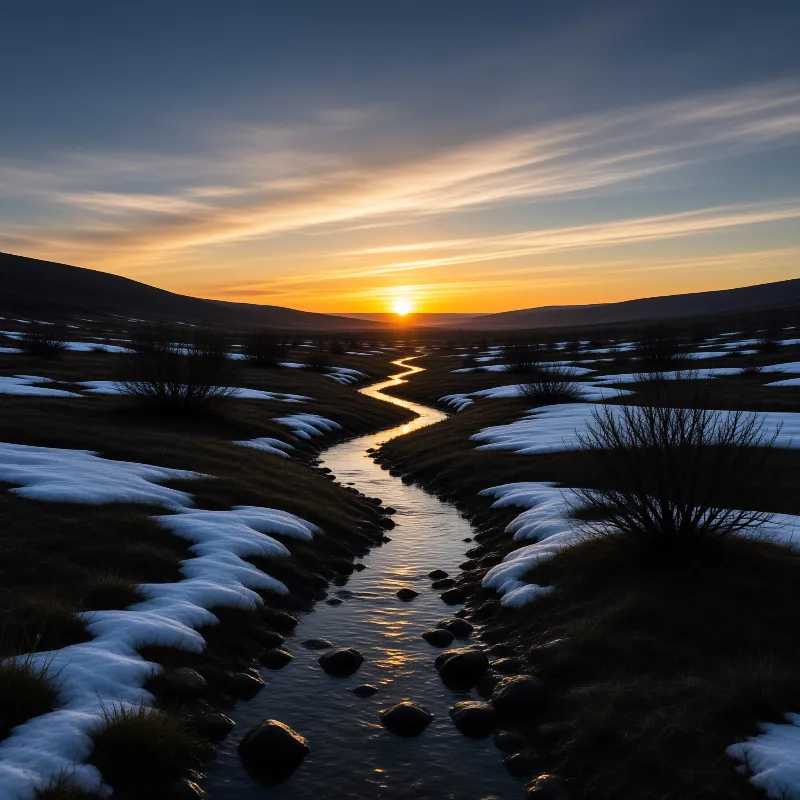 A winding creek reflects the sunset across dark grassland dotted with snow patches between low hills.