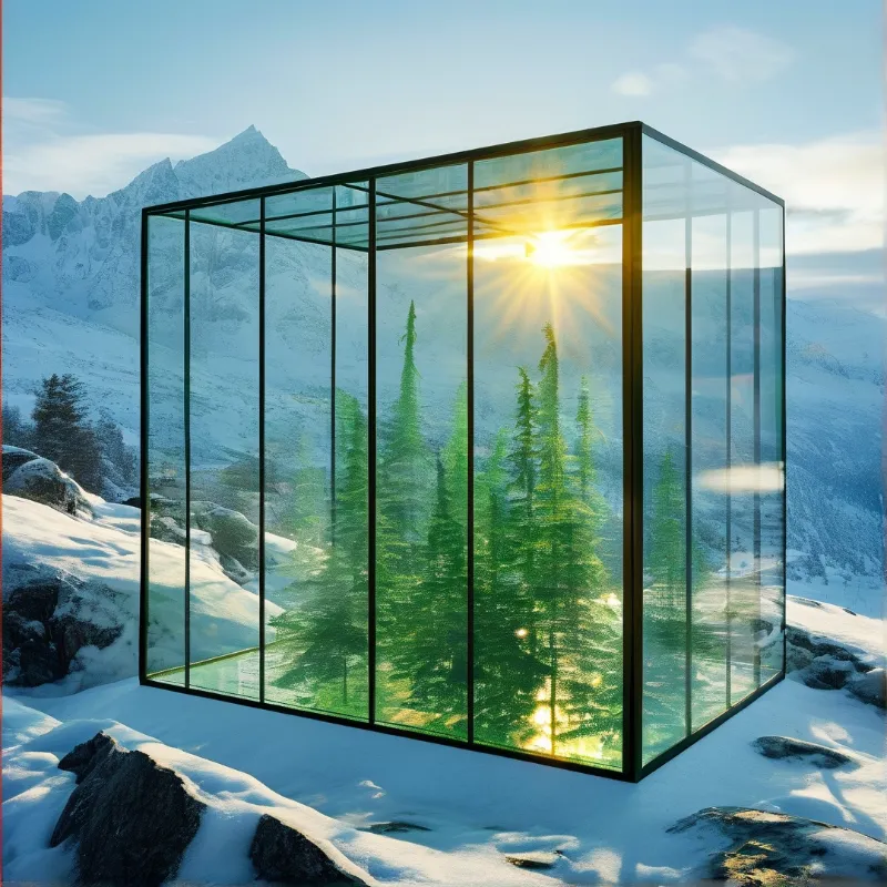 A transparent glass cube on a snowy mountain contains green pine trees and bright sunlight inside its dark-framed structure.