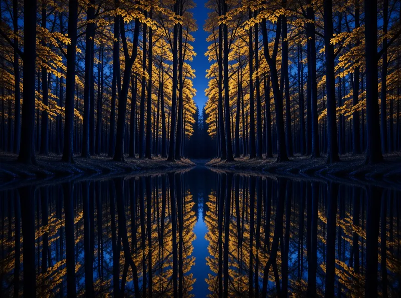 Vertical trees with glowing yellow leaves line a dark water channel reflecting the twilight sky.