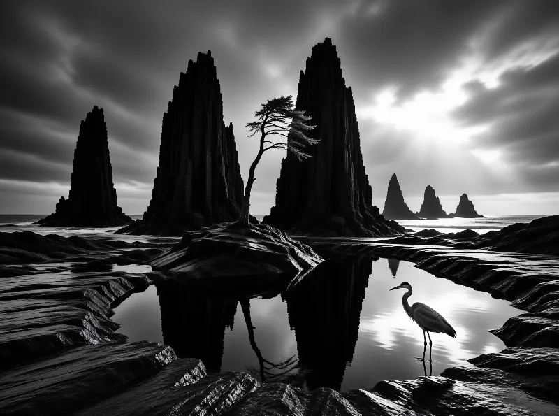 A lone heron stands in a reflective pool while tall sea stacks rise against a cloudy sky.