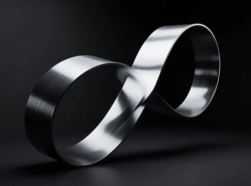 A polished metal band twists into a figure eight, its brushed surface catching pale light against charcoal.