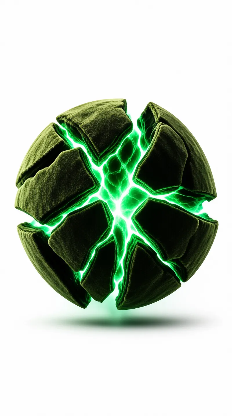 A cracked green stone sphere floats against a white background while glowing energy spills from its fractured segments.