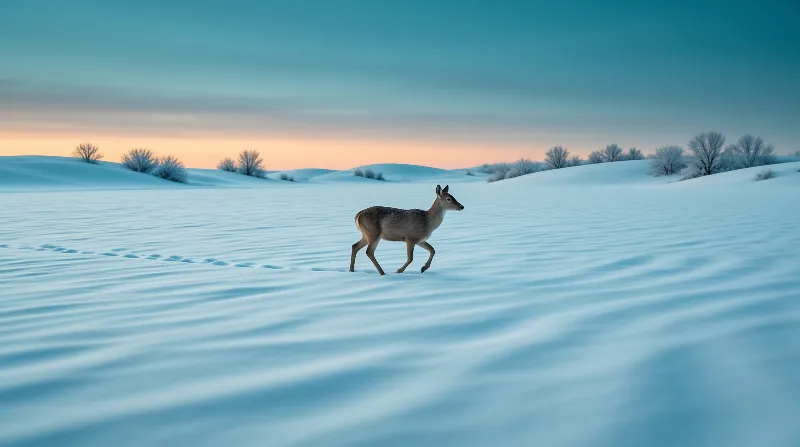 A single pronghorn moves across rippled blue snow under a twilight sky with a warm peach horizon glow.