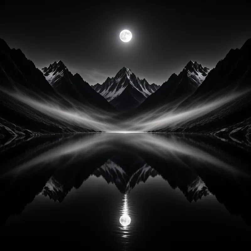 Symmetrical black and white range frames a bright moon whose glow doubles on glassy water.